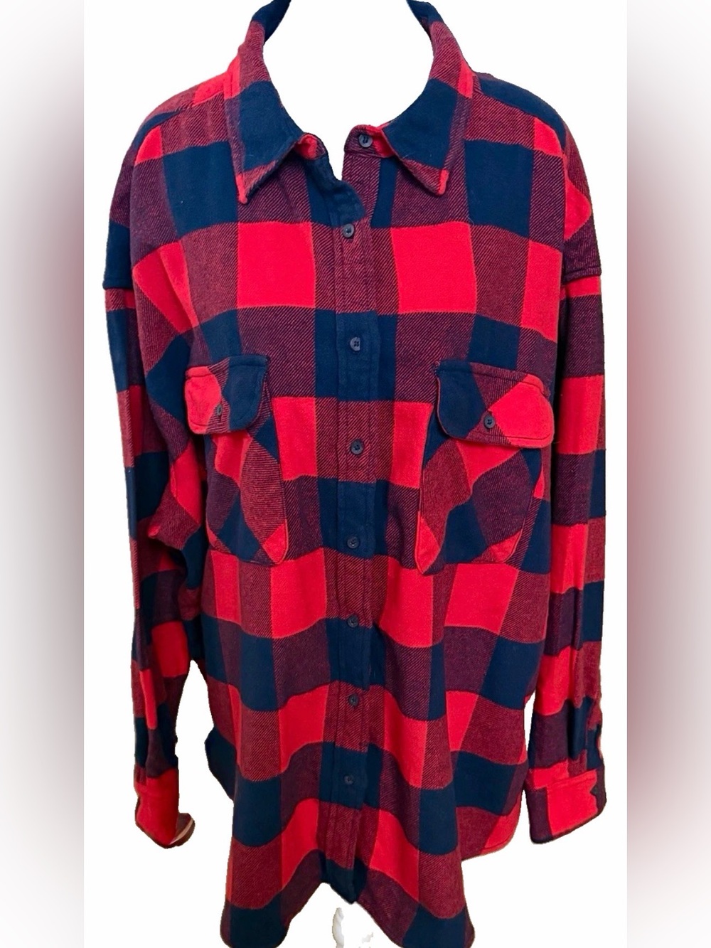 NWT Aerie Red & Blue Plaid 100% Cotton Flannel Button Down Shirt Women’s XL